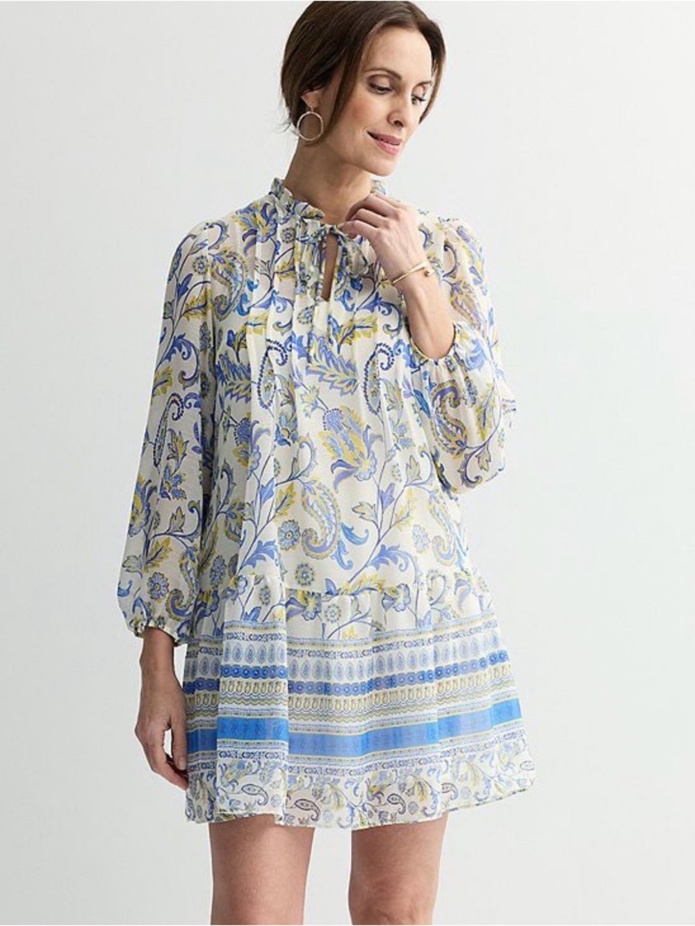 Donna Ricco Long Sleeve Short Float Dress with Pleating Details